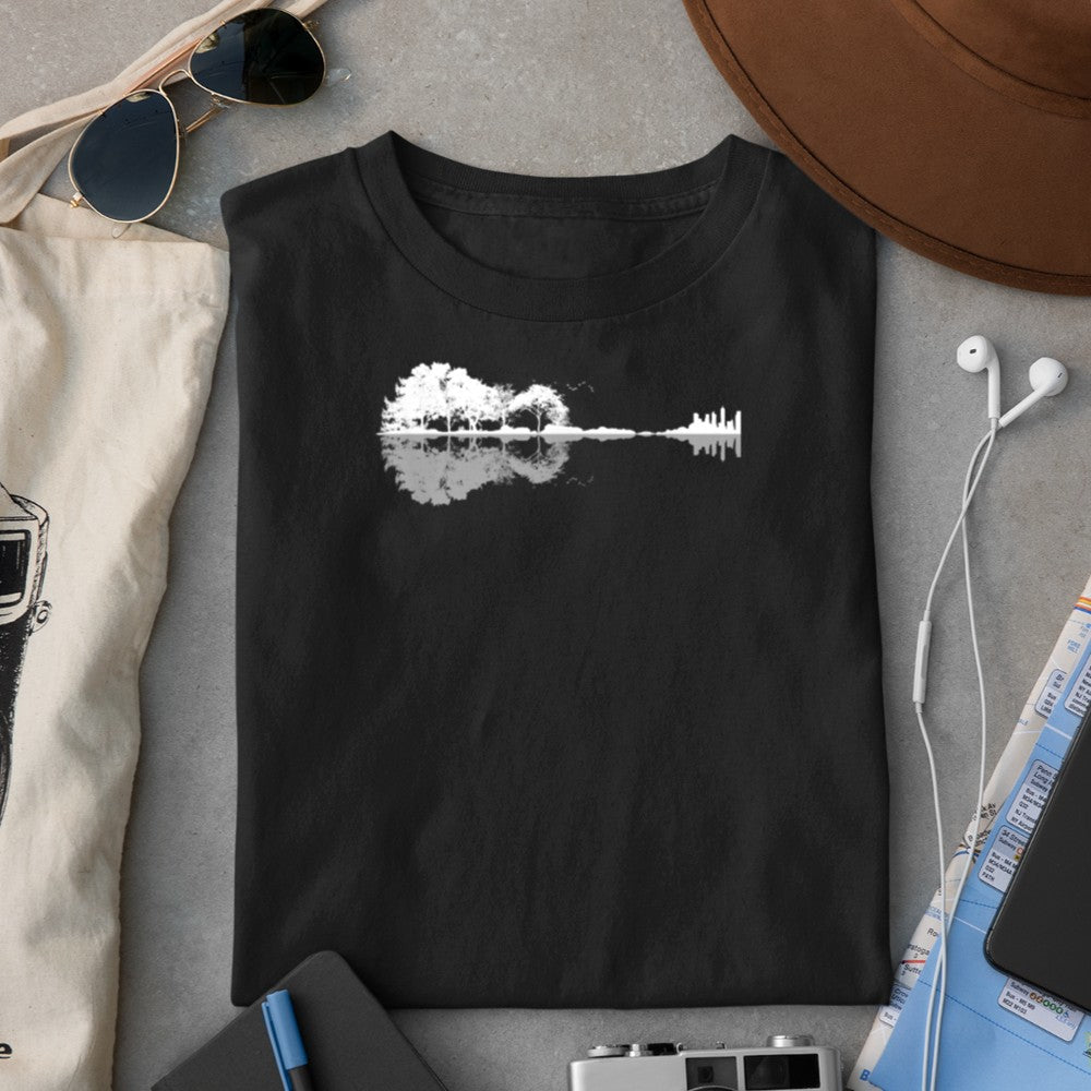Acoustic Guitar Forest Nature Reflection Mirror Gallery Print T-Shirt - Heart To Heart