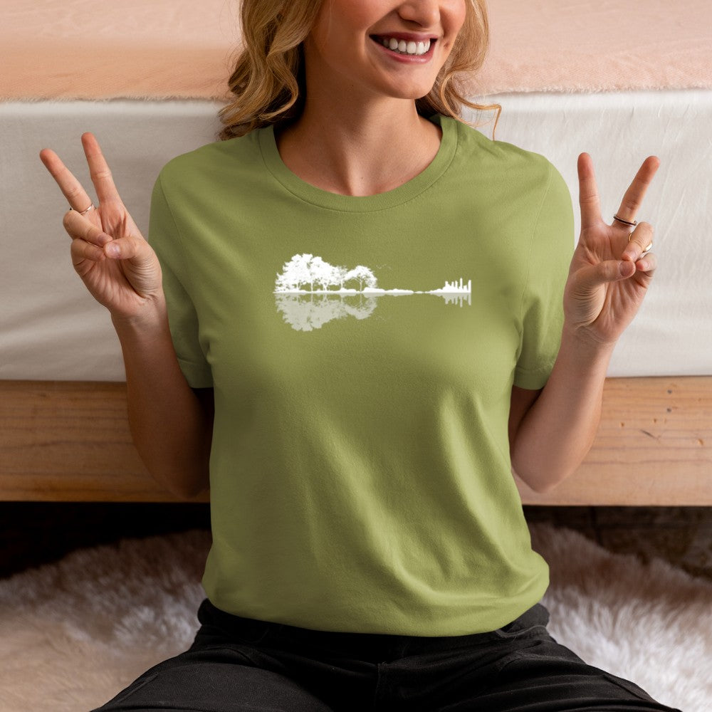 Acoustic Guitar Forest Nature Reflection Mirror Gallery Print T-Shirt - Heart To Heart