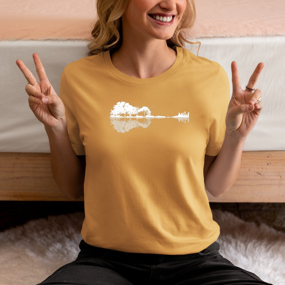 Acoustic Guitar Forest Nature Reflection Mirror Gallery Print T-Shirt - Heart To Heart