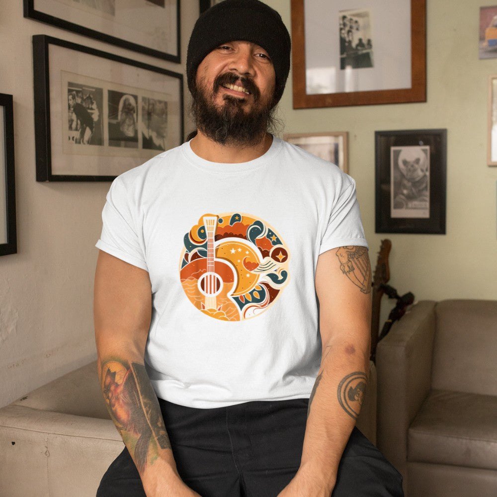 Acoustic Guitar, Sun, Moon, Stars and Nature, Guitar Men T-Shirt - Heart To Heart