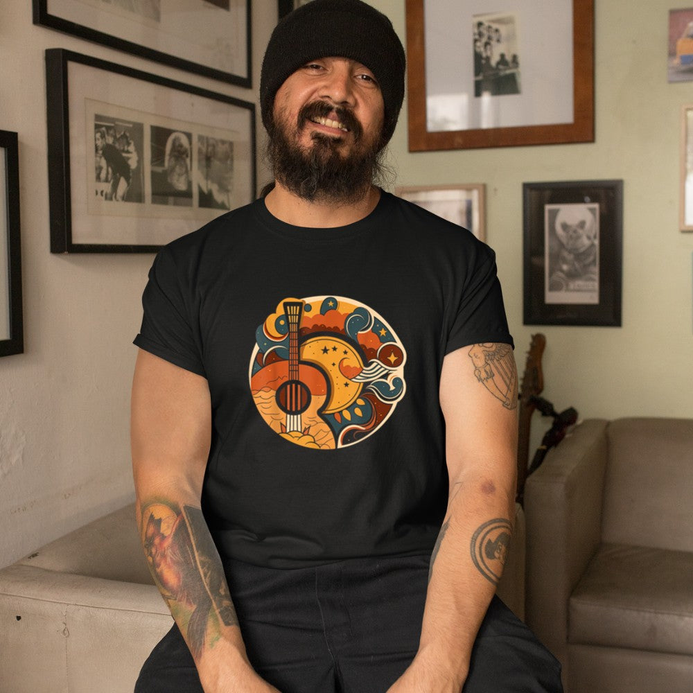 Acoustic Guitar, Sun, Moon, Stars and Nature, Guitar Men T-Shirt - Heart To Heart