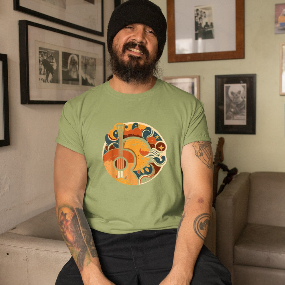 Acoustic Guitar, Sun, Moon, Stars and Nature, Guitar Men T-Shirt - Heart To Heart