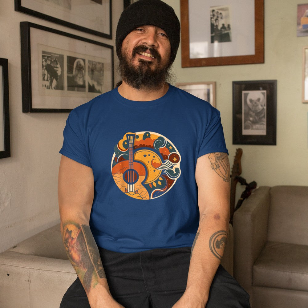 Acoustic Guitar, Sun, Moon, Stars and Nature, Guitar Men T-Shirt - Heart To Heart