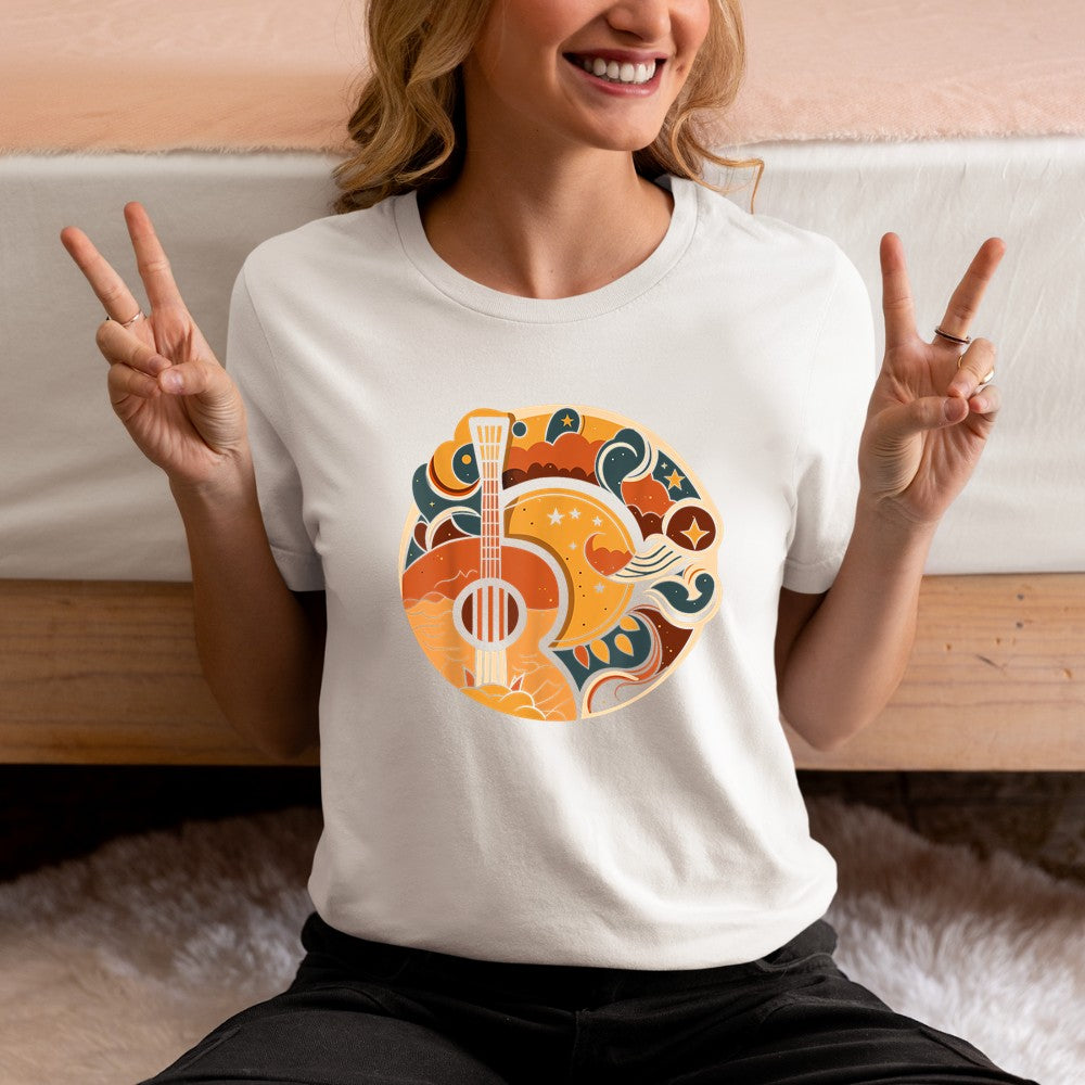Acoustic Guitar, Sun, Moon, Stars and Nature, Guitar Men T-Shirt - Heart To Heart