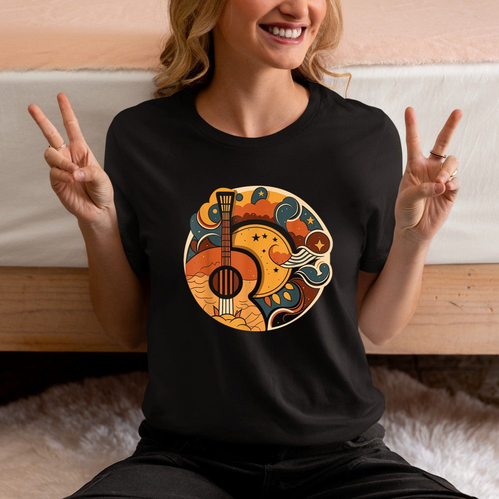 Acoustic Guitar, Sun, Moon, Stars and Nature, Guitar Men T-Shirt - Heart To Heart