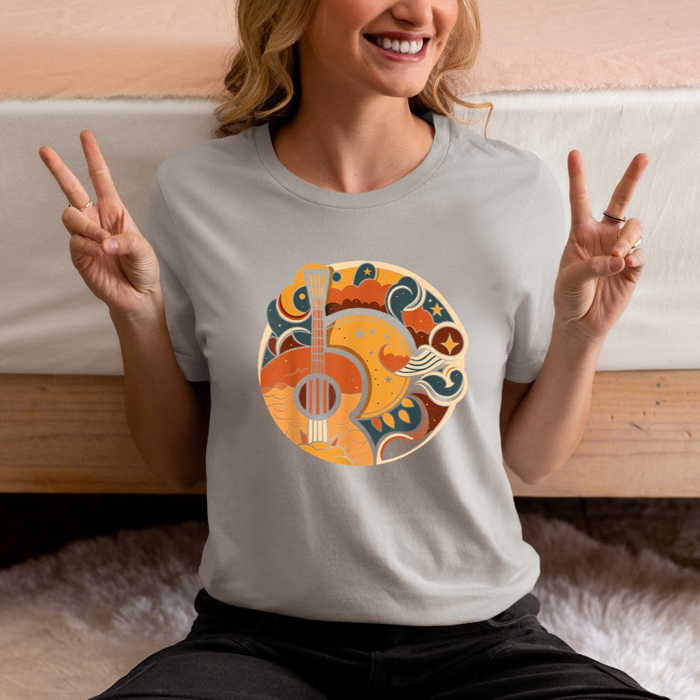 Acoustic Guitar, Sun, Moon, Stars and Nature, Guitar Men T-Shirt - Heart To Heart