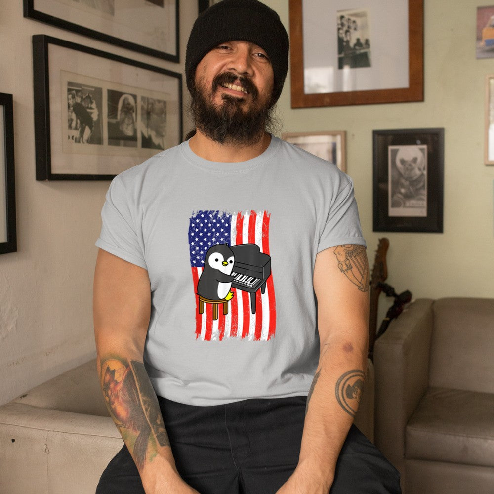 American Flag Penguin Playing Piano T-Shirt - Heart To Heart