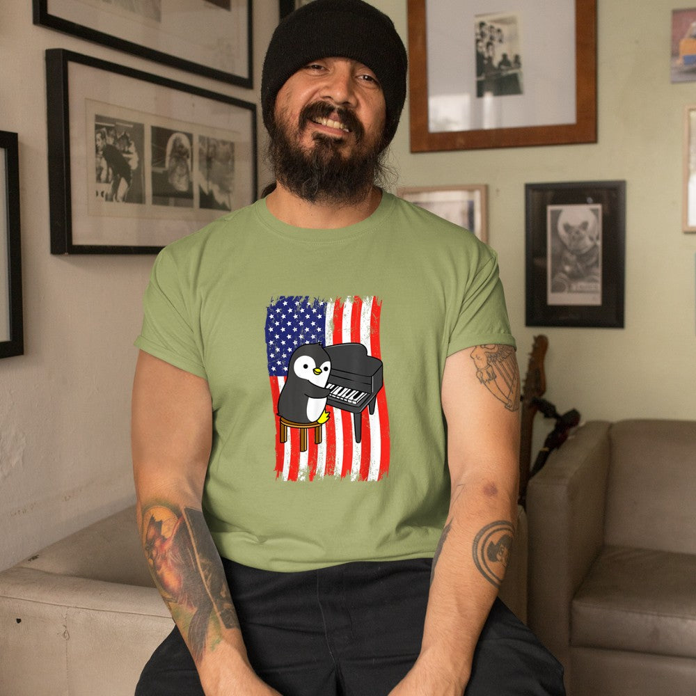 American Flag Penguin Playing Piano T-Shirt - Heart To Heart