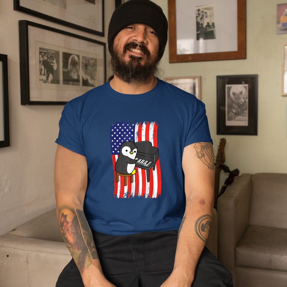 American Flag Penguin Playing Piano T-Shirt - Heart To Heart
