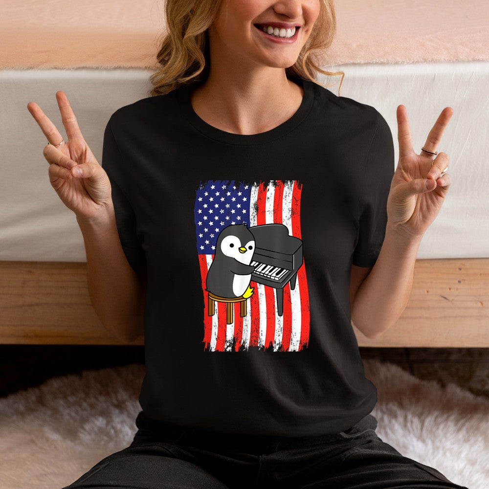 American Flag Penguin Playing Piano T-Shirt - Heart To Heart