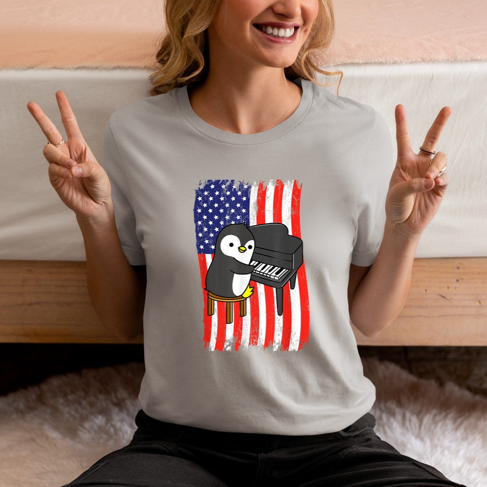 American Flag Penguin Playing Piano T-Shirt - Heart To Heart