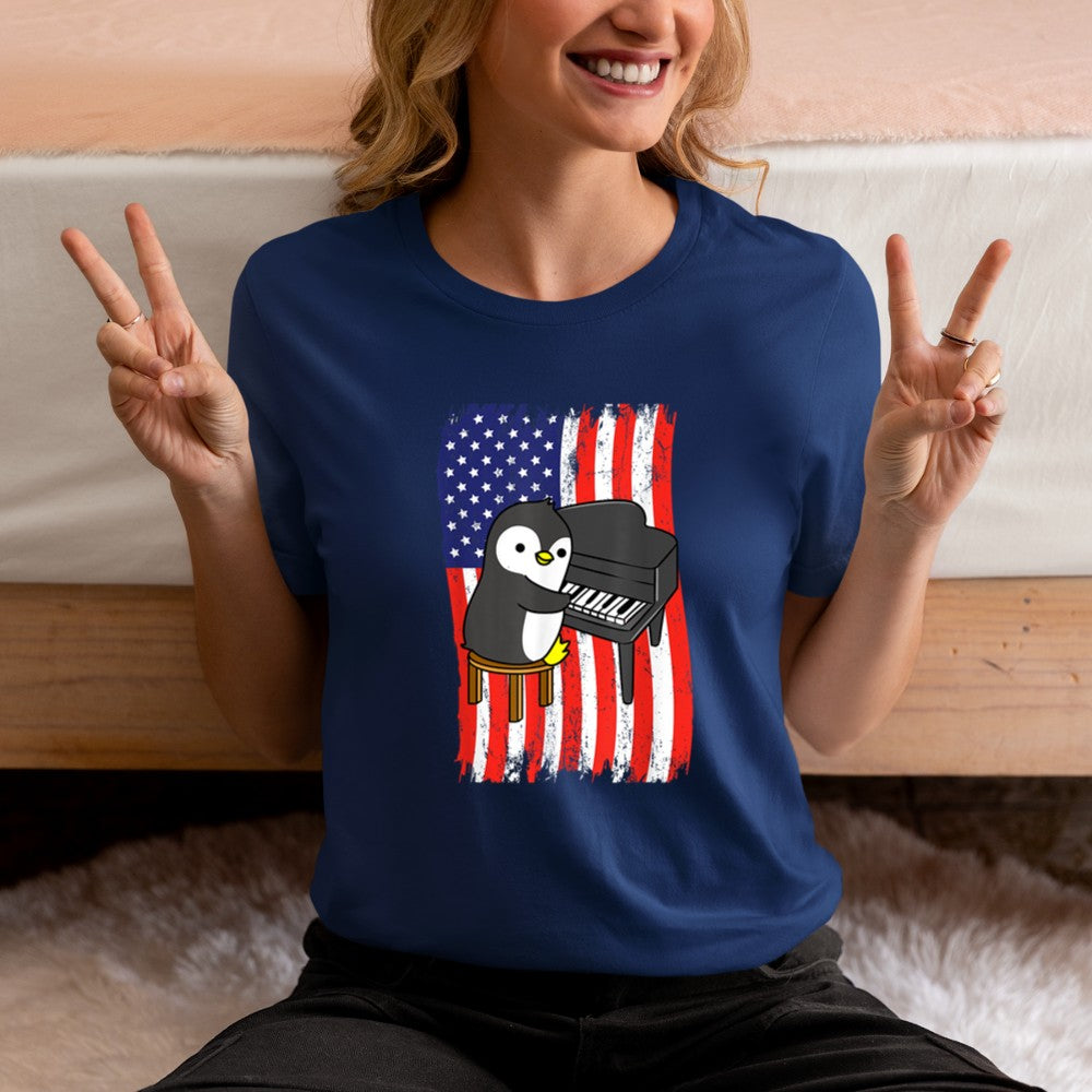 American Flag Penguin Playing Piano T-Shirt - Heart To Heart