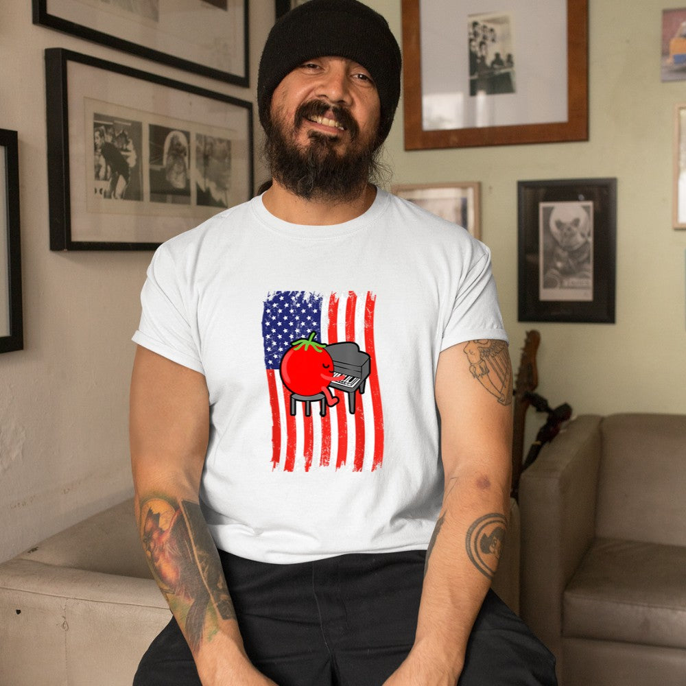 American Flag Tomato Playing Piano T-Shirt - Heart To Heart