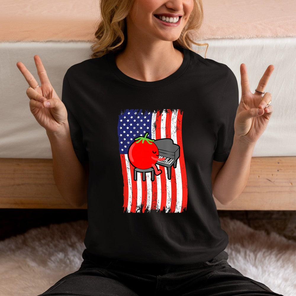 American Flag Tomato Playing Piano T-Shirt - Heart To Heart