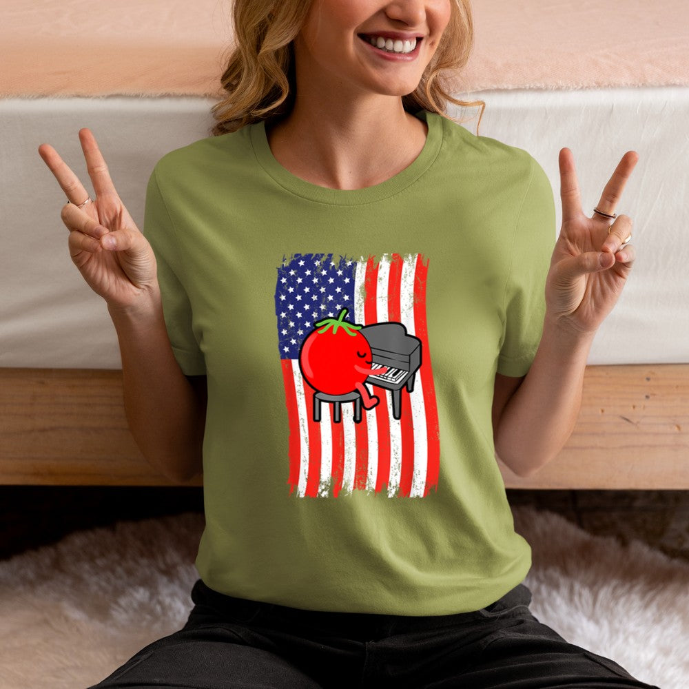 American Flag Tomato Playing Piano T-Shirt - Heart To Heart