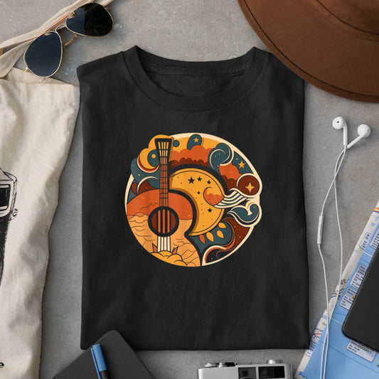Acoustic Guitar, Sun, Moon, Stars and Nature, Guitar Men T-Shirt - Heart To Heart