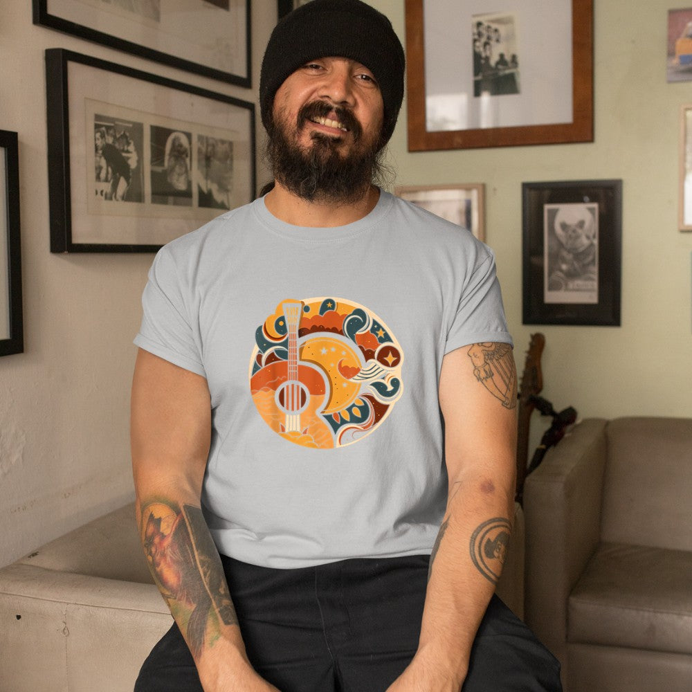 Acoustic Guitar, Sun, Moon, Stars and Nature, Guitar Men T-Shirt - Heart To Heart