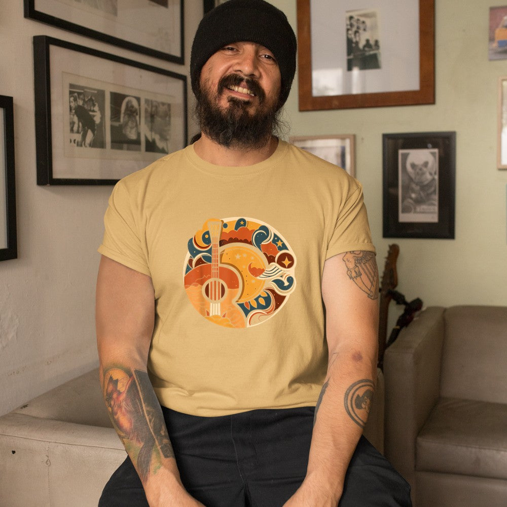 Acoustic Guitar, Sun, Moon, Stars and Nature, Guitar Men T-Shirt - Heart To Heart