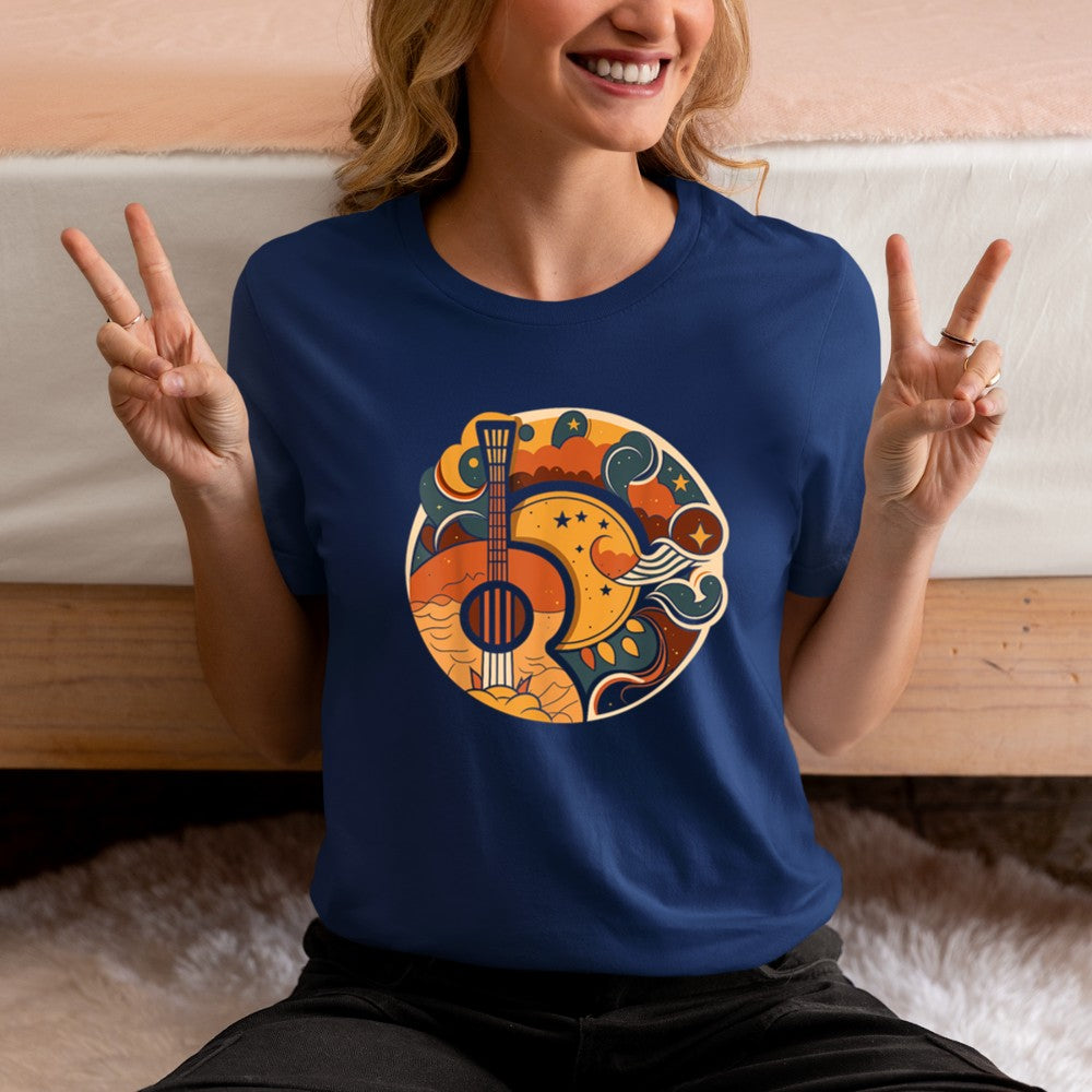Acoustic Guitar, Sun, Moon, Stars and Nature, Guitar Men T-Shirt - Heart To Heart