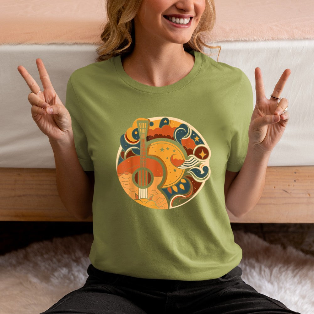 Acoustic Guitar, Sun, Moon, Stars and Nature, Guitar Men T-Shirt - Heart To Heart