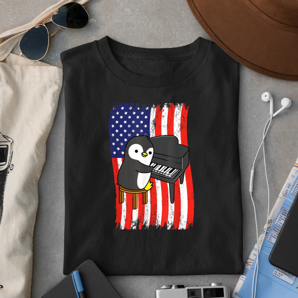 American Flag Penguin Playing Piano T-Shirt - Heart To Heart