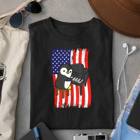 American Flag Penguin Playing Piano T-Shirt - Heart To Heart
