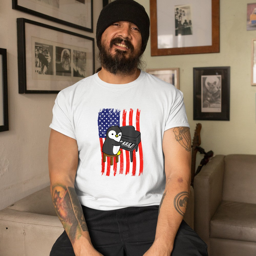 American Flag Penguin Playing Piano T-Shirt - Heart To Heart