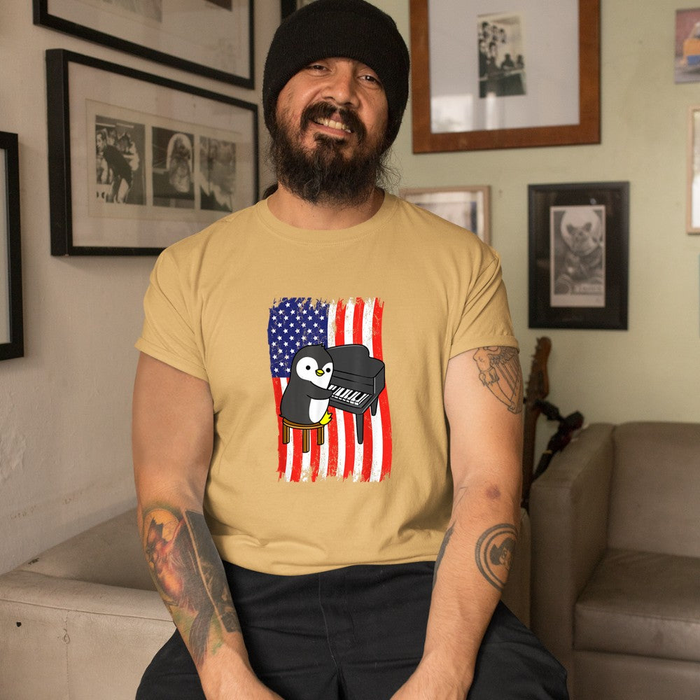 American Flag Penguin Playing Piano T-Shirt - Heart To Heart