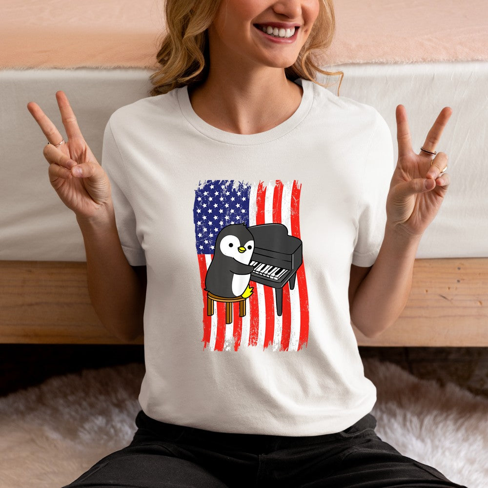 American Flag Penguin Playing Piano T-Shirt - Heart To Heart