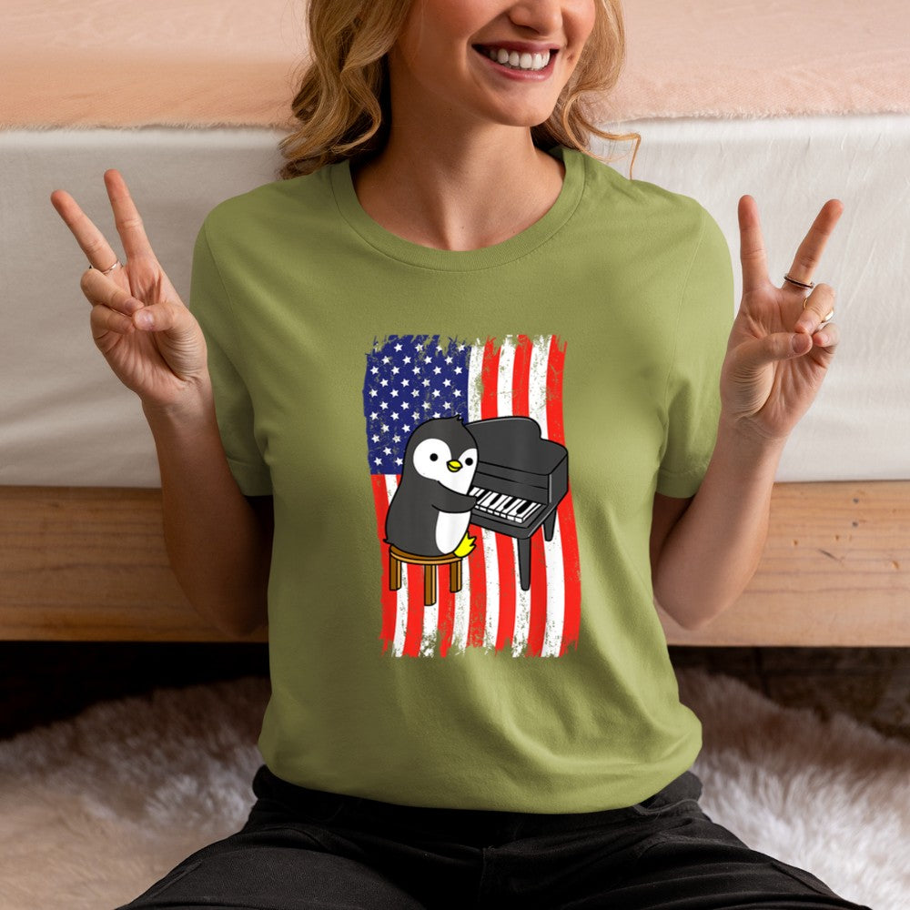 American Flag Penguin Playing Piano T-Shirt - Heart To Heart
