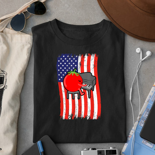 American Flag Tomato Playing Piano T-Shirt - Heart To Heart
