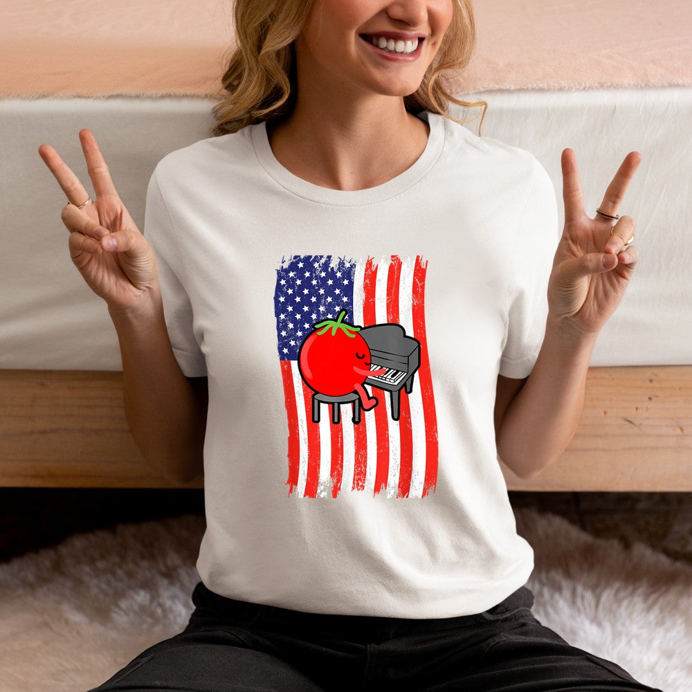 American Flag Tomato Playing Piano T-Shirt - Heart To Heart