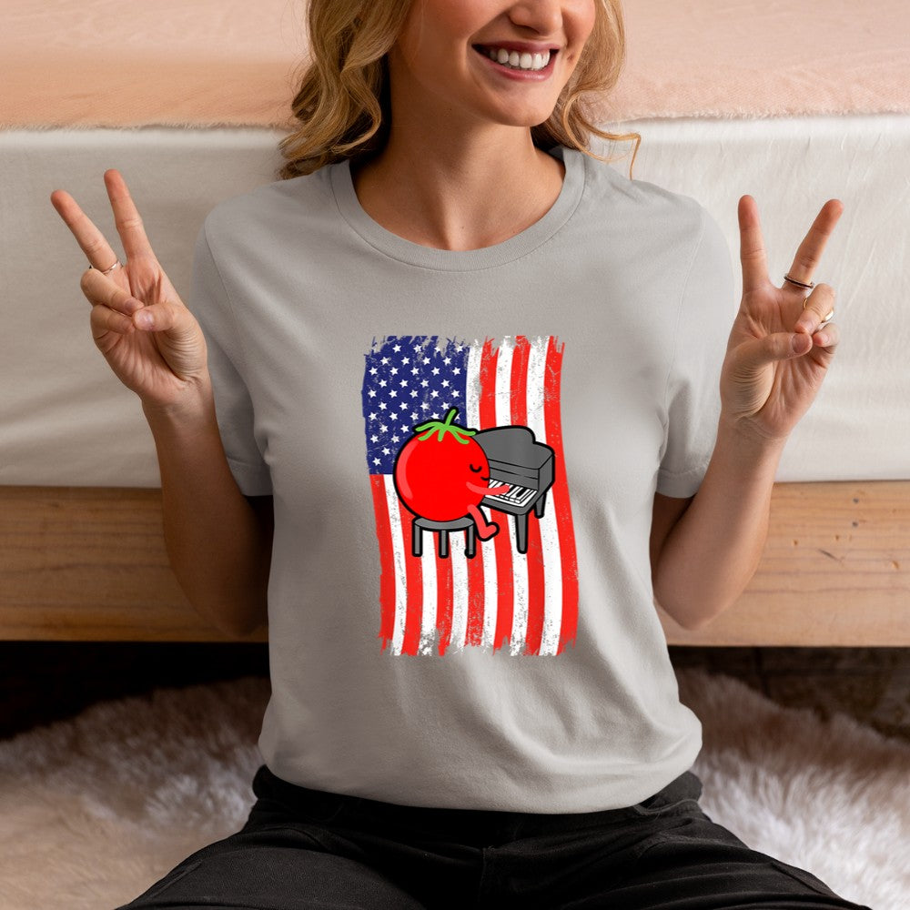 American Flag Tomato Playing Piano T-Shirt - Heart To Heart