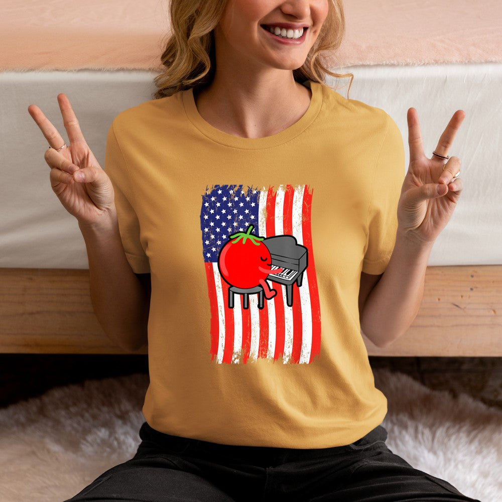 American Flag Tomato Playing Piano T-Shirt - Heart To Heart